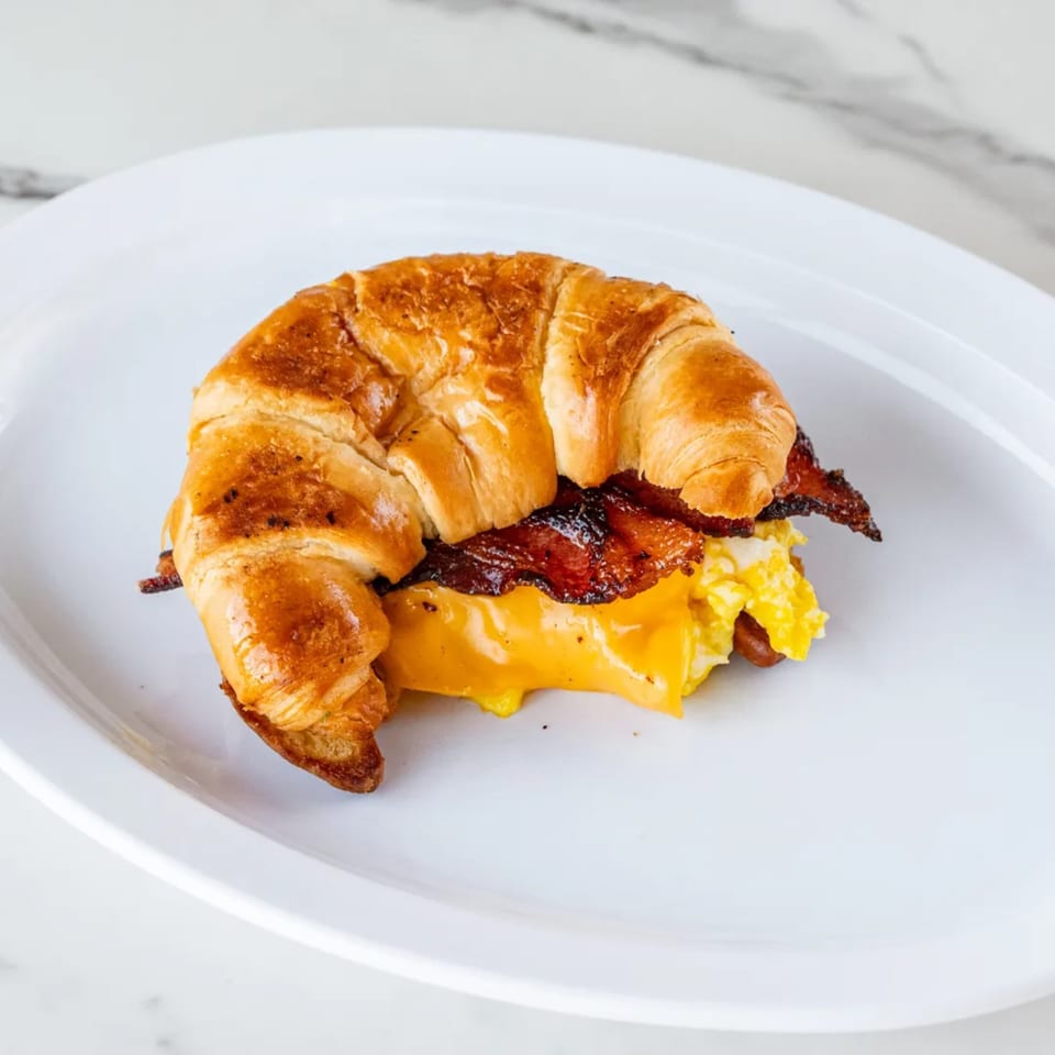 A golden-brown croissant breakfast sandwich with crispy bacon, melted cheese, and scrambled eggs on a white plate.